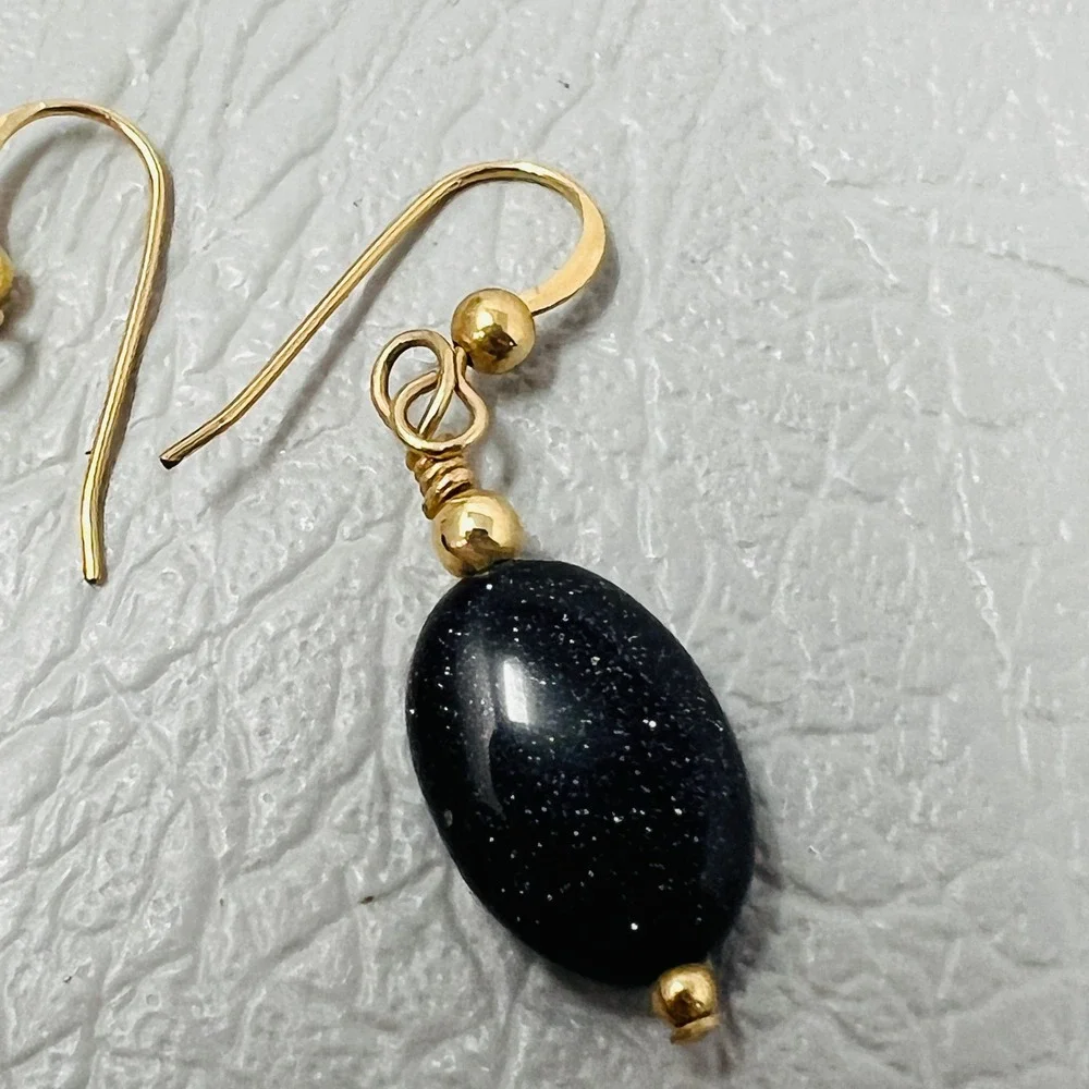 Black Blue Sparkle Pierced Earrings Oval Hook‎ Dangle Drop Minimalist